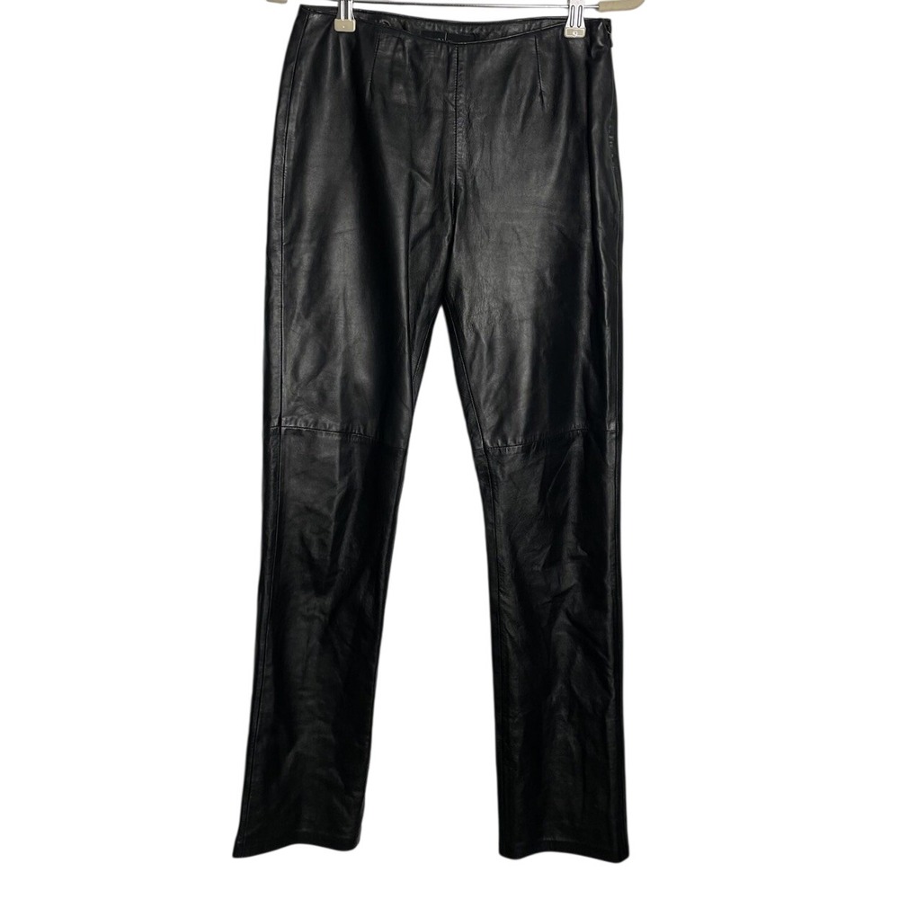 Vtg Y2K Moda International Black Leather Straight Leg Pants Size 2